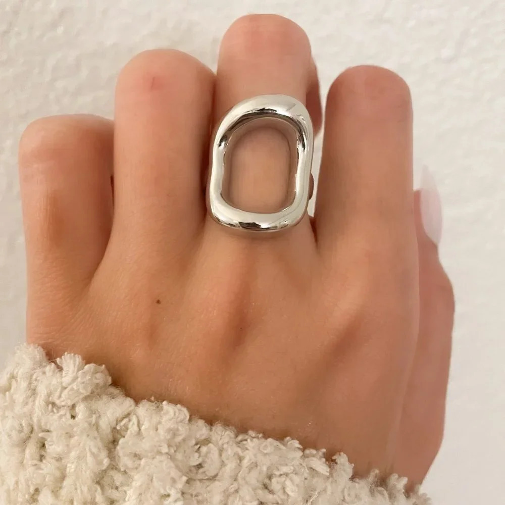 925 Sterling Silver Chunky Ring Thick Bold Ring Oval Ring Circle Geometric Ring
